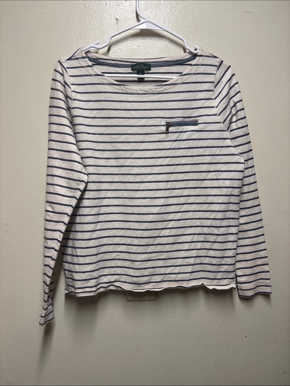 Lauren Ralph Lauren Top Women Large Stripe Cotton Long Sleeve Zip Pocket - Picture 1 of 4
